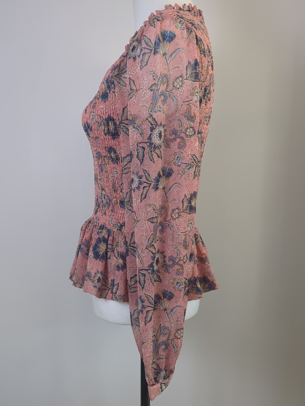 Patrons of Peace Boho Smocked Peplum Floral Blouse Pink Blue Cottagecore LARGE - Picture 9 of 13